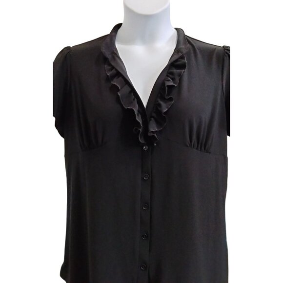 Perceptions Plus Size 2X Blouse Ruffle Button Down Short Sleeve Black Women - Picture 3 of 9